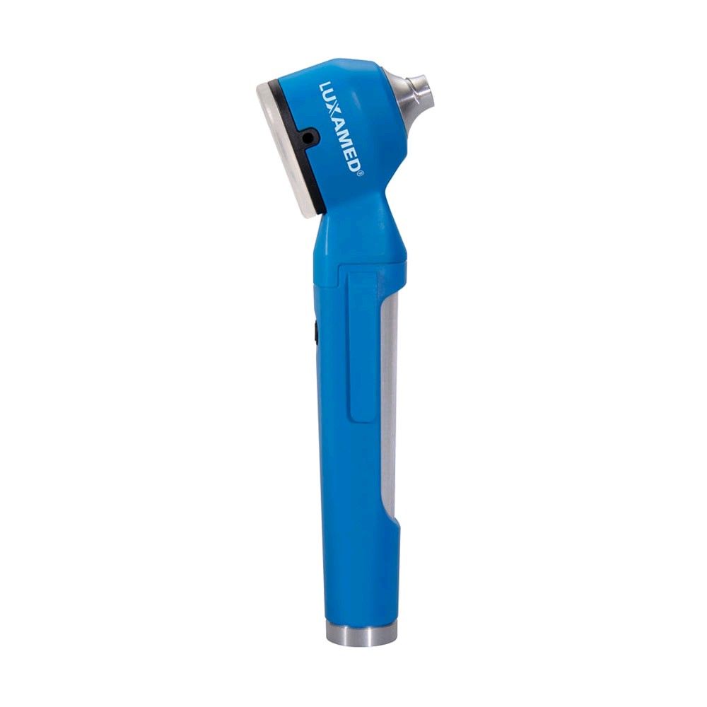 LED-Otoskop, blaues Handgerät mit seitlichem Griffbereich
