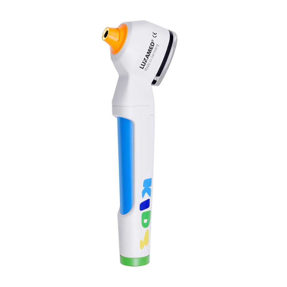 LED-Otoskop für Kinder im Taschenformat, weiß mit orangefarbenem Aufsatz und blauer Griffzone