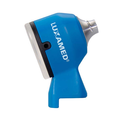LED-Otoskop-Kopf in Blau mit Metallanschluss und schwarzer Statusfläche