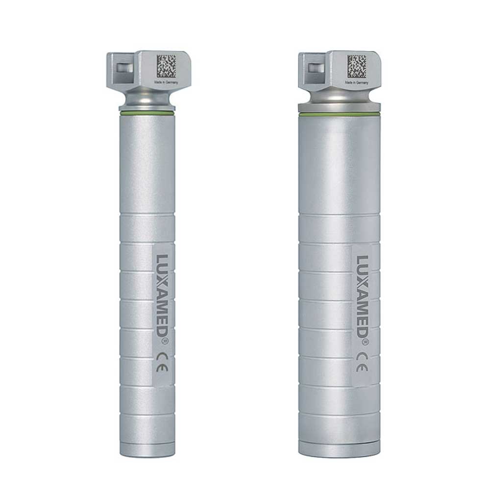 Luxamed F.O. Laryngoskop-Griff, silberner Handgriff, zwei Darstellungen mit Kopfanschluss