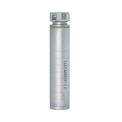 Luxamed F.O. Laryngoskop-Griff, silberner Handgriff mit Beschriftung, Vorderansicht