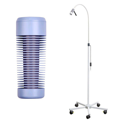 LED-Untersuchungsleuchte in Blau mit Rollstativ und abnehmbarem Handgriff