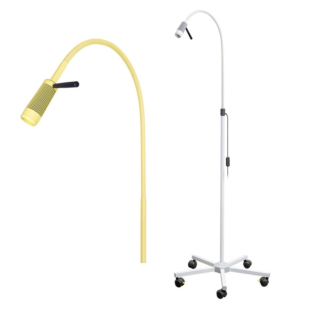 LED-Untersuchungsleuchte in Gelb mit Rollstativ und abnehmbarem Handgriff