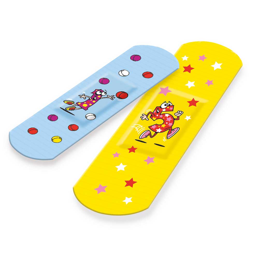 Bunte Kinderpflaster mit lustigen Motiven, blau und gelb, zwei Streifen