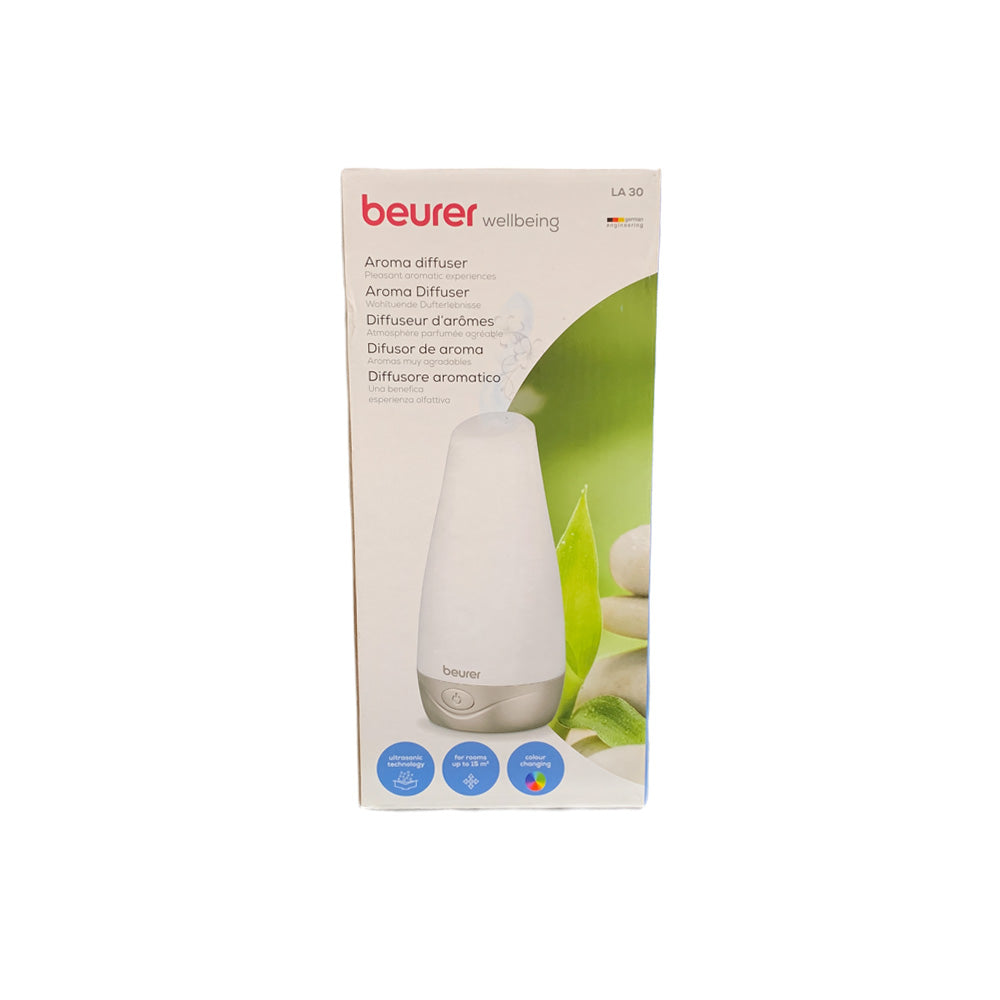 Verpackung des Aroma-Diffusers beurer LA 30 mit LED-Farbvarianten, Vorderseite