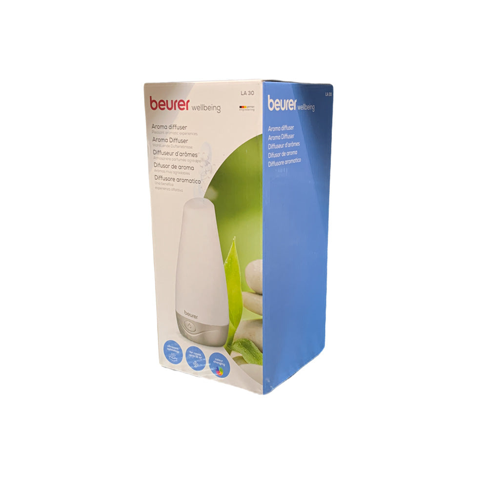 Verpackung des Aroma-Diffusers beurer LA 30, Seitenansicht mit blauem Karton