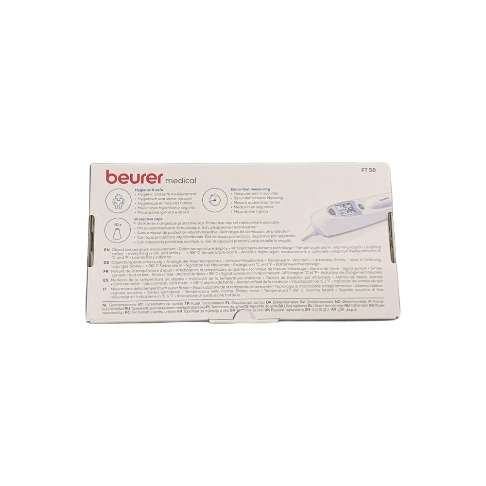 Rückseite der Verpackung des Beurer Infrarot-Ohrthermometers FT 58