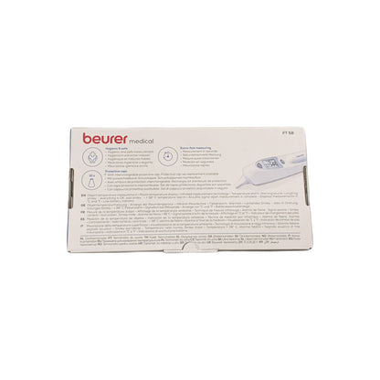 Rückseite der Verpackung des Beurer Infrarot-Ohrthermometers FT 58