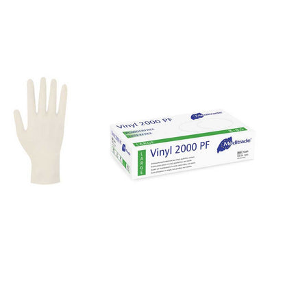 Unsterile Vinylhandschuhe, puderfrei; Handschuhansicht neben Packung