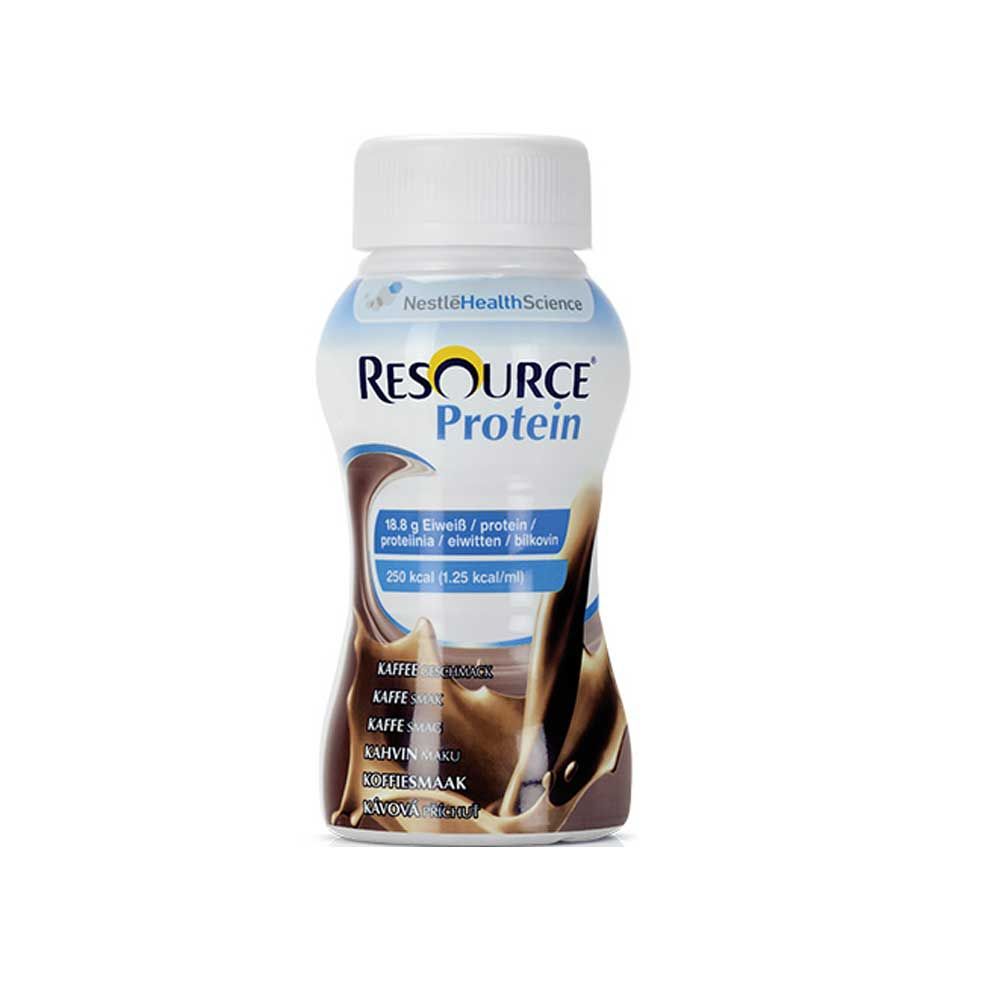 Proteindrink-Flasche, braun mit Kaffee-Label und blauer Hinweisfläche