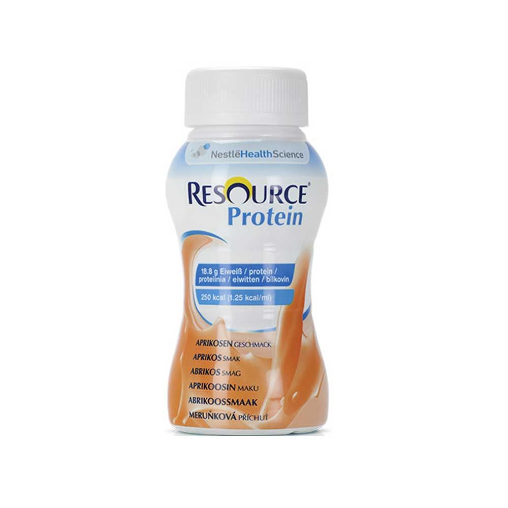 Proteindrink-Flasche, orange mit Aprikosen-Label und blauer Hinweisfläche
