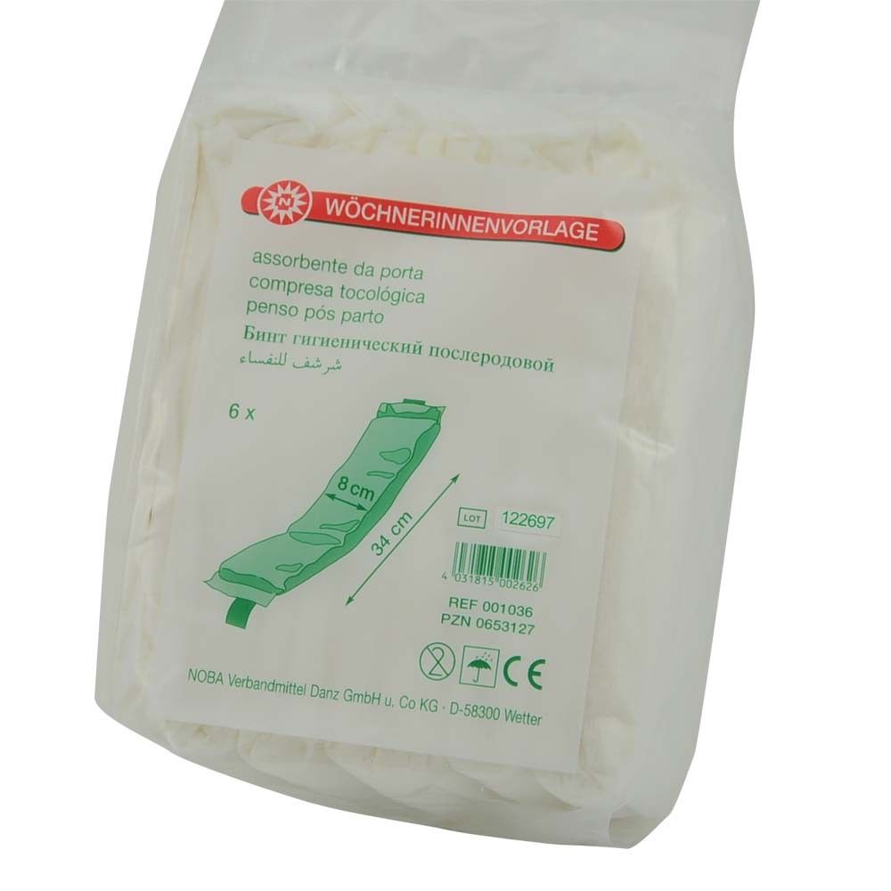 Noba-Wöchnerinnenvorlage, saugfähige Wochenfluss-Einlage, 8×34 cm, Rückseiten-Infos