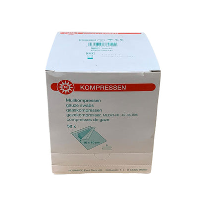 Sterile Noba Mullkompressen Karton, Hinweis „KOMPRESSEN“, 50×, 10×10 cm