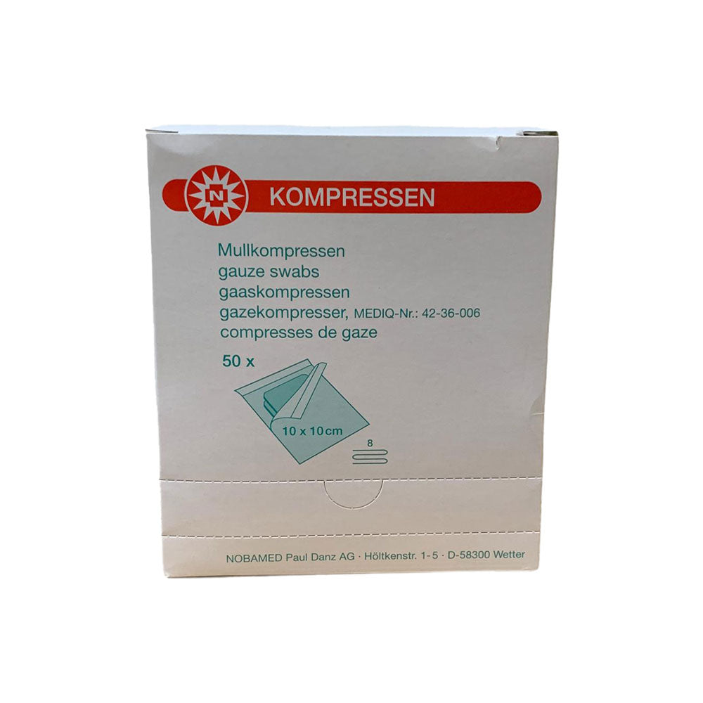 Sterile Mullkompressen Karton von Noba mit Inhaltsangaben, 50×, 10×10 cm
