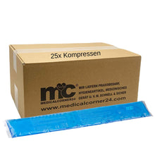 Kartonpackung „25x Kompressen“ mit blauer Gel-Kompresse und Logo „medicalcorner24“