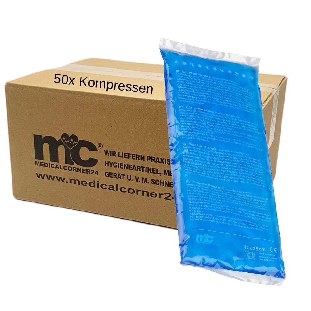 Karton mit blauer Gel-Kompressen-Tüte im Folienbeutel, Maße 12x29 cm