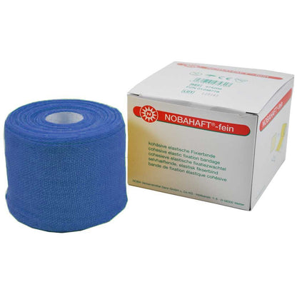 Kohäsive Fixierbinde, blauer Rollenabschnitt mit Verpackung