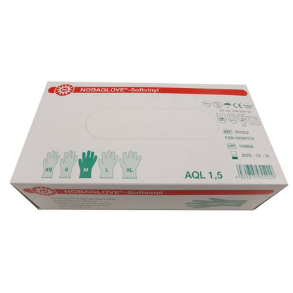 Einmal-Handschuhbox NOBAGLOVE®-Softvinyl mit Größen XS–XL und Sicherheitskennzeichnungen.