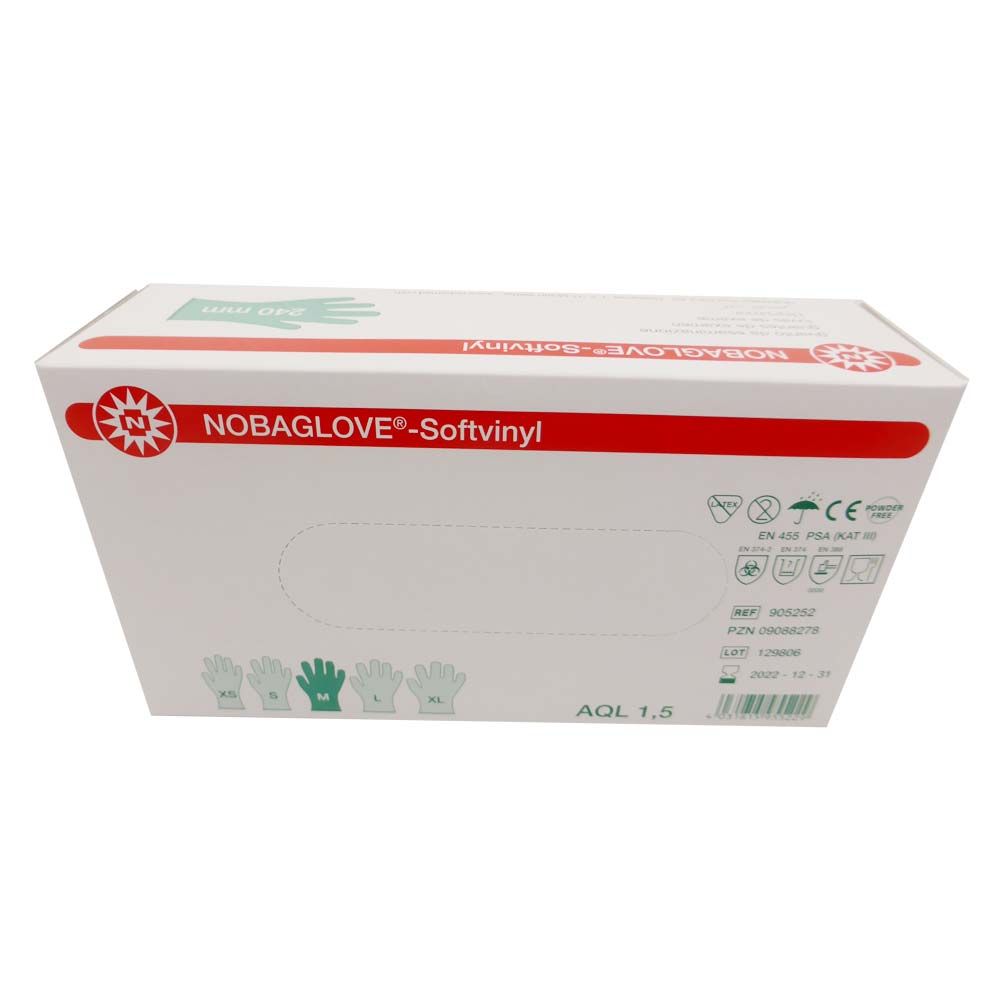 Einmal-Handschuhbox NOBAGLOVE®-Softvinyl mit Größen XS–XL, AQL 1,5 und Prüfzeichen.