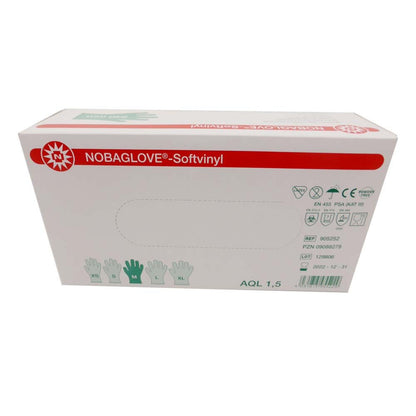 Einmal-Handschuhbox NOBAGLOVE®-Softvinyl mit Größen XS–XL, AQL 1,5 und Barcode.