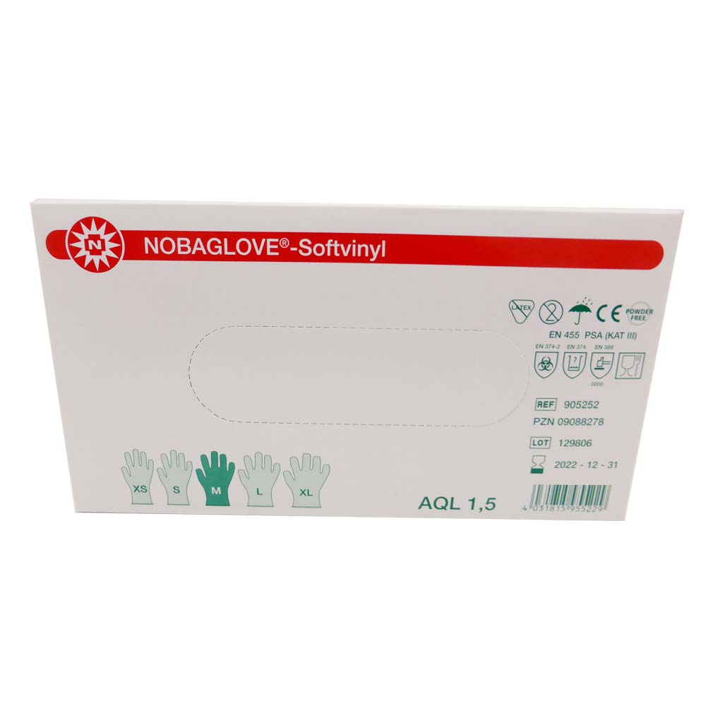 Einmal-Handschuhbox NOBAGLOVE®-Softvinyl mit Größen XS–XL, AQL 1,5 und Schutzsymbolen.