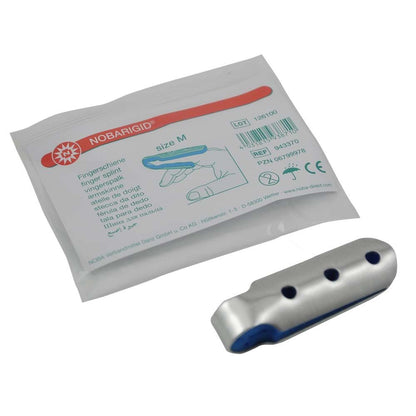 NOBARIGID Fingerschiene, geschlossen, vorkonfektioniert; silbergraue Schiene mit blauen Polstern