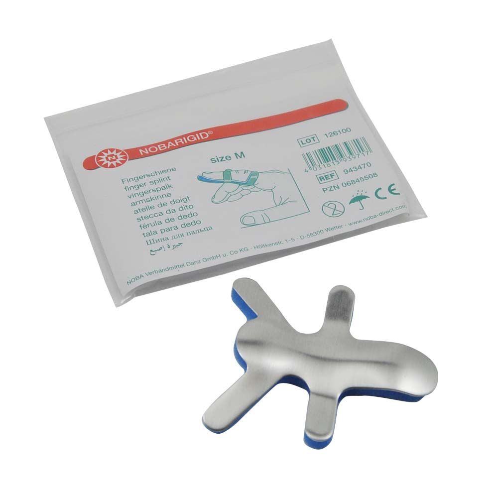 NOBARIGID® Fingerschiene (offen) mit grauem Stützteil und blauen Polstern