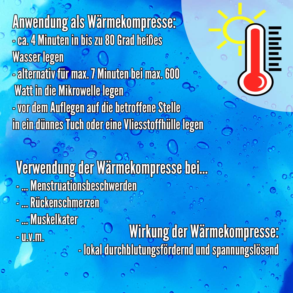 Wärmekompressen-Infografik mit Thermometer-Symbol und Anwendungstext