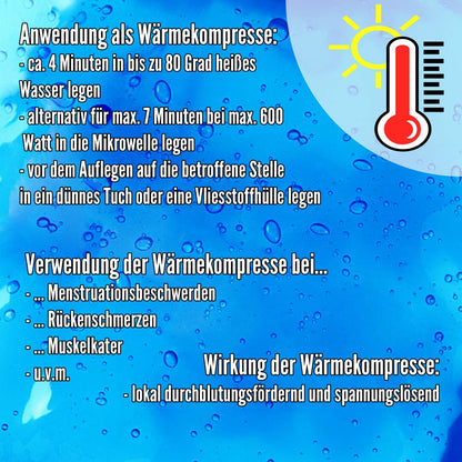 Wärmekompressen-Infografik mit Thermometer-Symbol und Anwendungstext