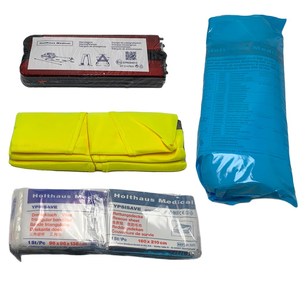 Mini Auto-Verbandtasche COMBI mit Weste und Dreiecktuch, gelbe/rote sowie blaue Teile sichtbar