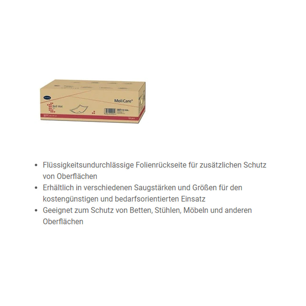 Inkontinenzunterlage Hartmann MoliCare® Bed Mat Eco im Karton, Ansicht mit Stichpunkten