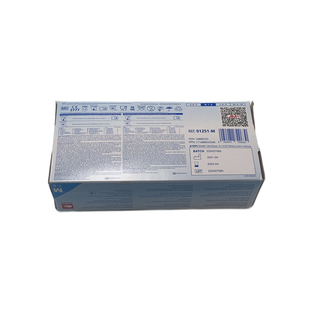 Rückseite der Verpackung blauer Einmal-Vitrilhandschuhe mit Barcode und Angaben