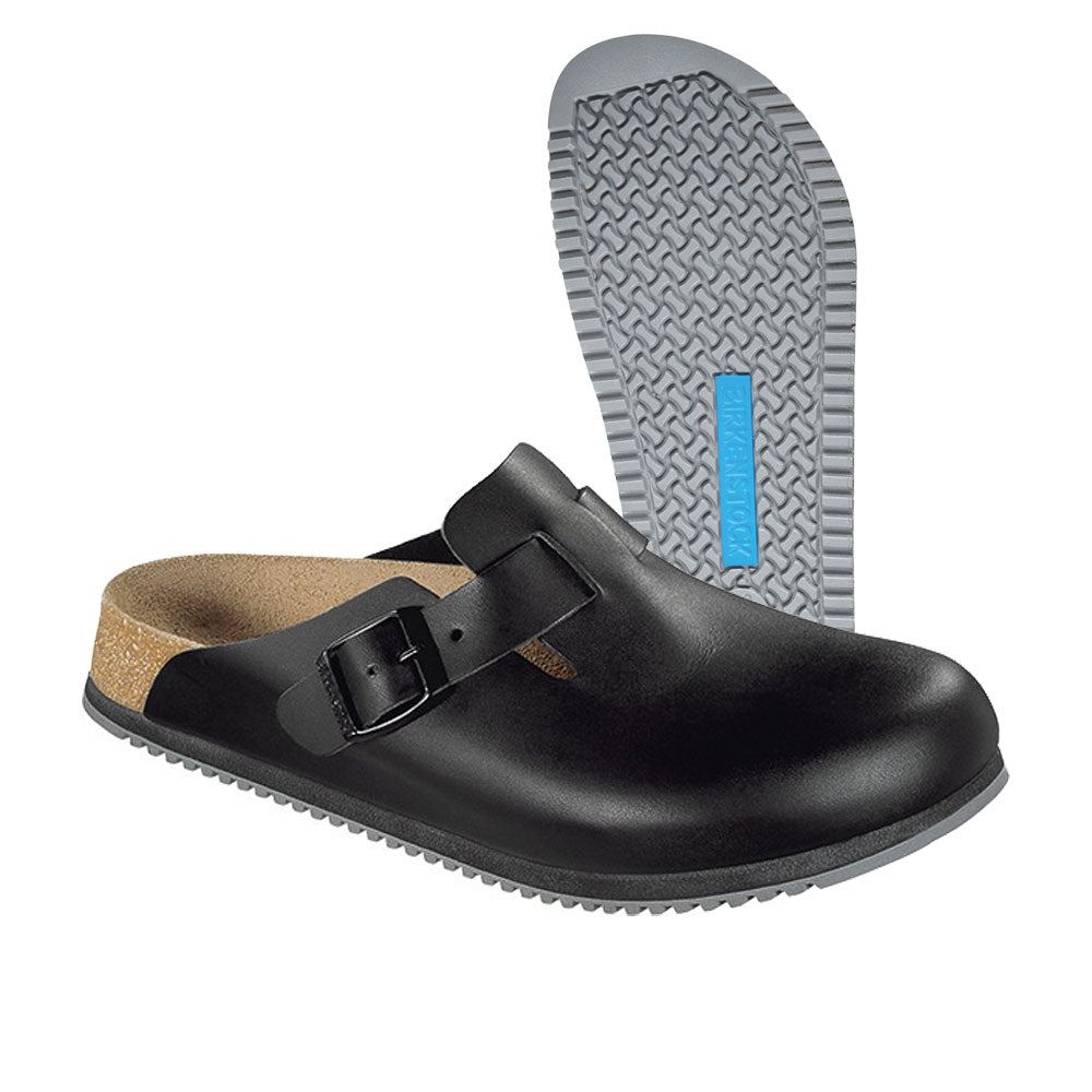 Birkenstock Boston SL Clog schwarz mit Profilsohle und blauem Einsatz an der Ferse