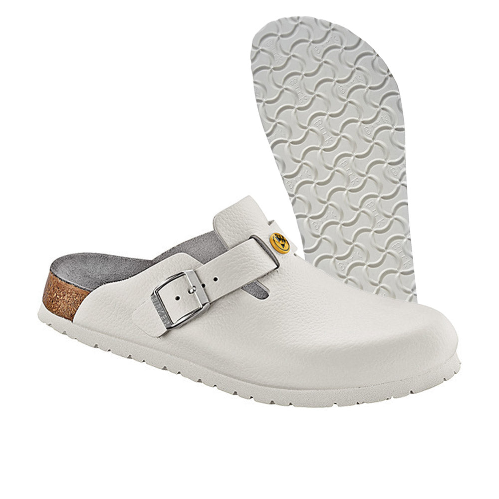Birkenstock Boston ESD Clog in Weiß, Vorderansicht mit sichtbar geprägter Laufsohle
