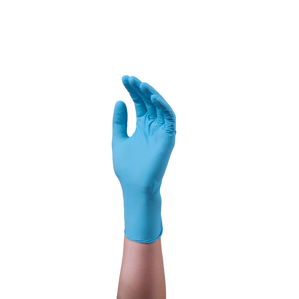 Blauer Nitril-Einmalhandschuh, puderfrei, einzeln am Handmodell
