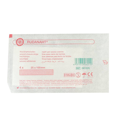 Sterile Wundnahtstreifen in Folienverpackung mit Rückenetikett und Produktangaben