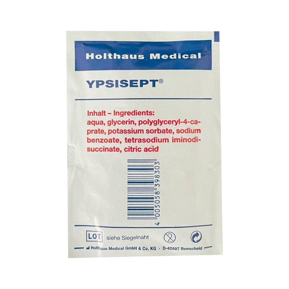 Hautreinigungstuch YPSISEPT® Verpackung mit Zutatenhinweisen, Rückseite.