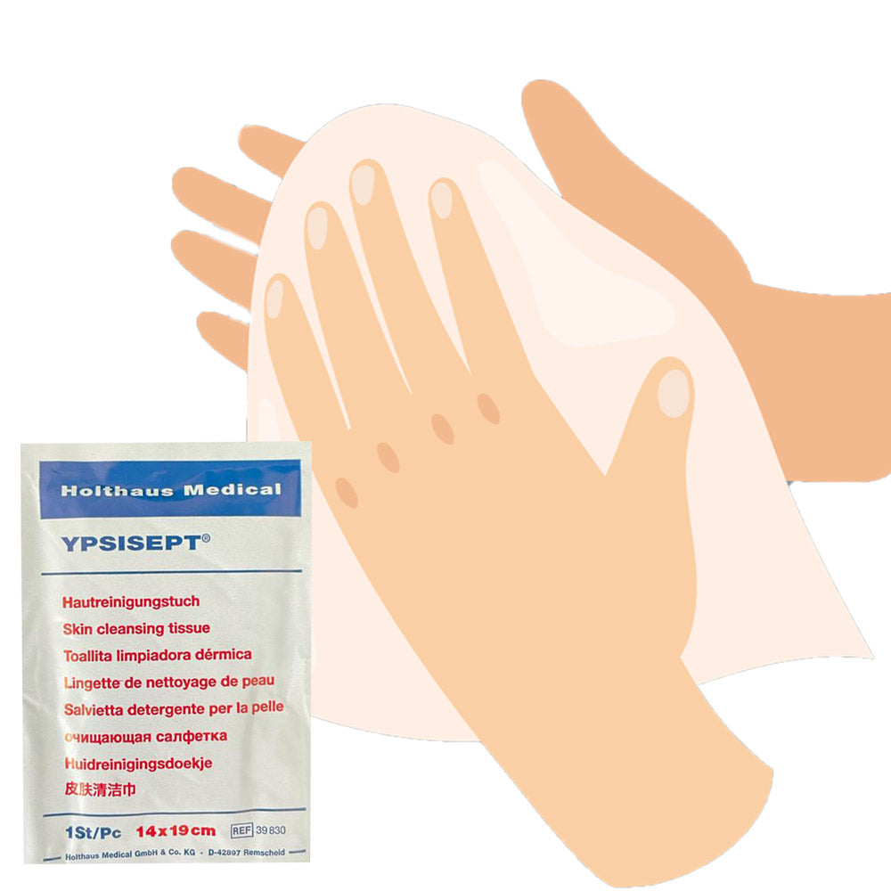 Hautreinigungstuch YPSISEPT® Packung mit Produktbeschreibung, Vorderseite.