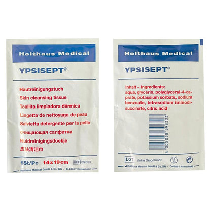 Hautreinigungstuch YPSISEPT® Packungen im Vergleich: Vorder- und Rückseite.
