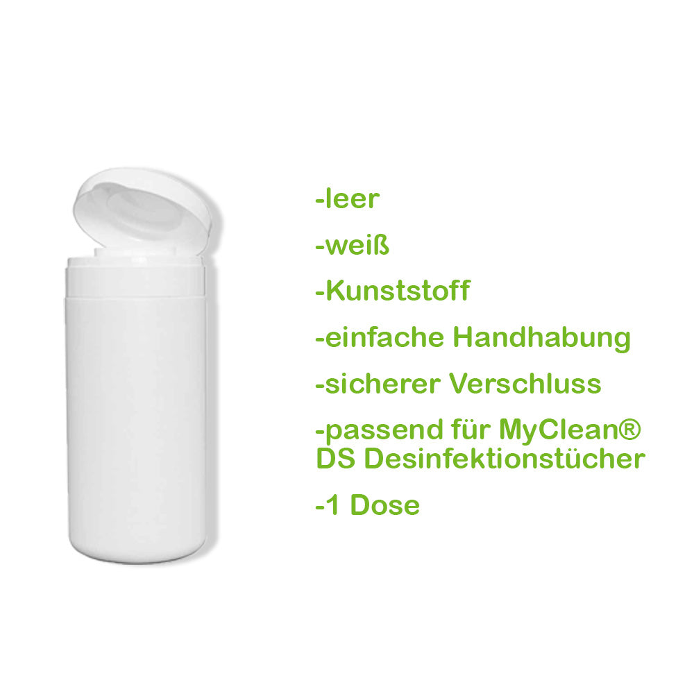 Weiße Kunststoff-Spenderdose mit geöffnetem Deckel, leer