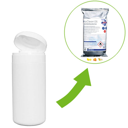 Weiße Spenderdose neben MyClean® DS Desinfektionstuch-Packung