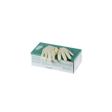 Packung puderfreier Naturlatex-Handschuhe, beige Handschuhe oben aufgedruckt