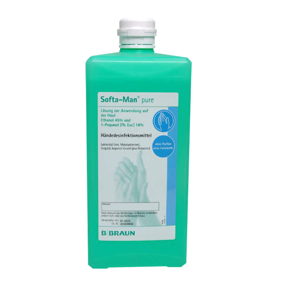 Händedesinfektion Softa-Man® pure: grüne Flasche mit Etikett, leicht gedreht