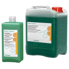 Instrumentendesinfektion Helipur® H plus N: grüne Kanister (groß) und Flasche (klein) mit Etikett