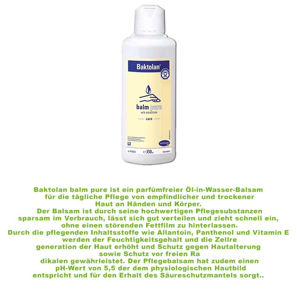 Baktolan balm pure Hautpflegeemulsion, weiße Flasche mit blau-gelbem Etikett