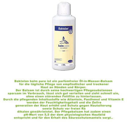 Baktolan balm pure Hautpflegeemulsion, weiße Flasche mit blau-gelbem Etikett