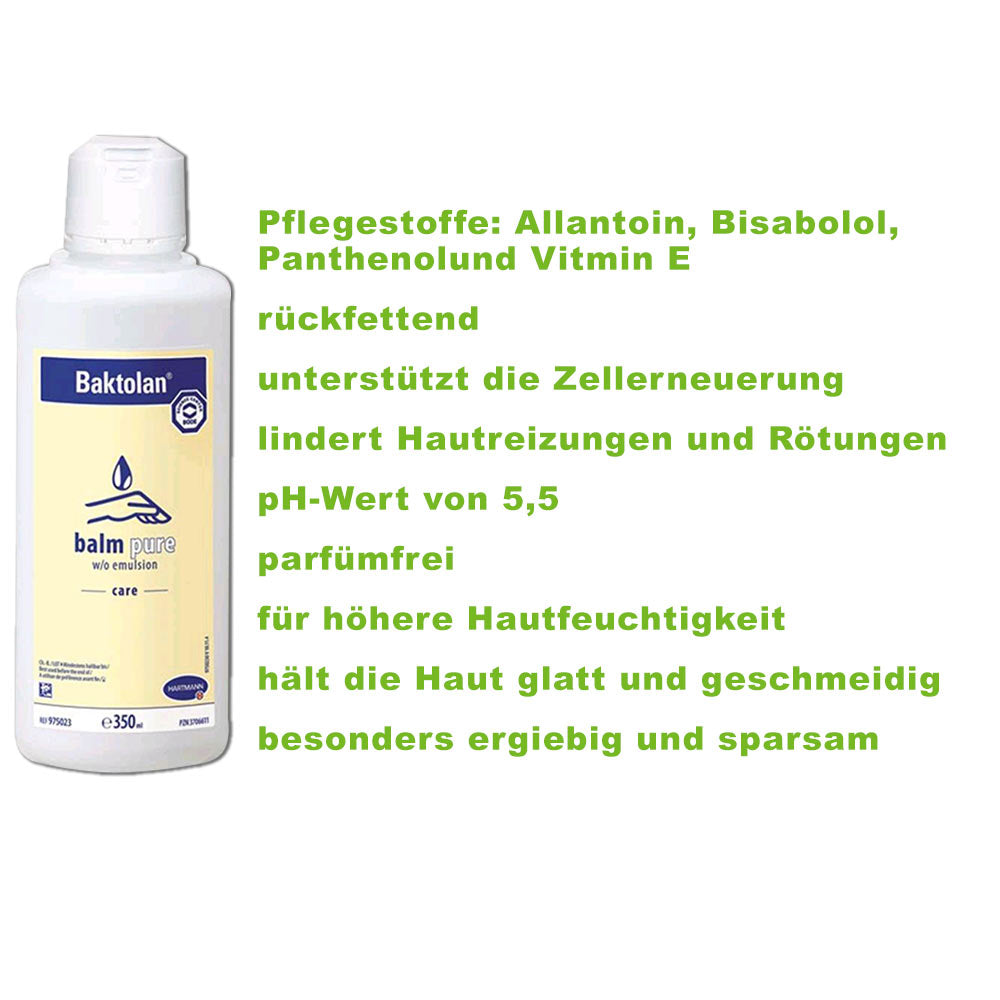 Baktolan balm pure Hautpflegeemulsion, weiße Flasche mit blauem Tropfen-Logo
