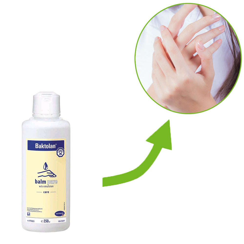 Baktolan balm pure Hautpflegeemulsion, Flasche mit kreisförmiger Hand-auf-Haut-Szene