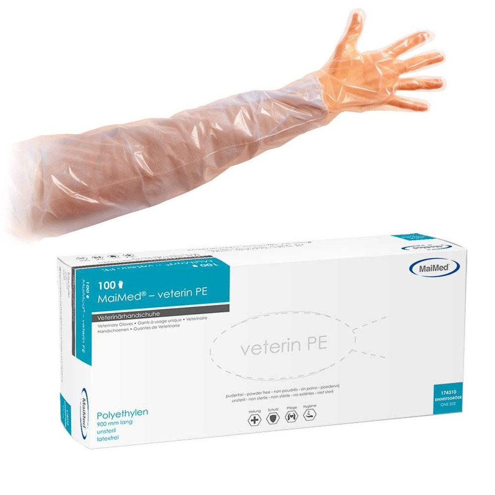 Orangefarbener PE-Veterinärhandschuh, langer Ärmel, aufgestreckt