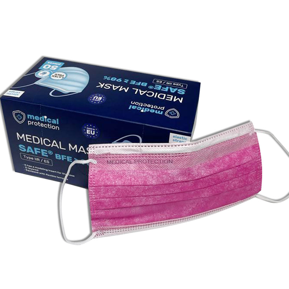 3-lagiger Mundschutz SAFE® von Medical Protection, pink, mit elastischen Ohrschlaufen.